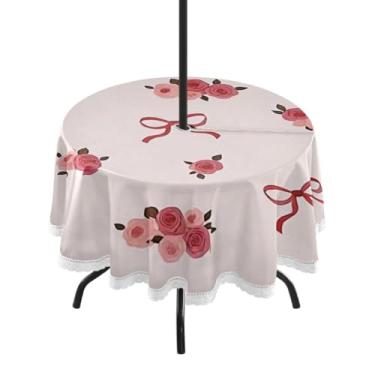 Imagem de Qilmy Toalha de mesa redonda à prova d'água Roses Bows de 152 cm com orifício para guarda-chuva e zíper – Uso externo / interno resistente para pátio, churrascos, piqueniques, festas (serve para mesas