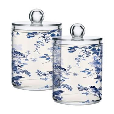 Imagem de Qilmy Qtip Suporte de 400 ml, Flores Azuis e Pássaros Frasco de Armazenamento Plástico Transparente Boticário com Tampa, Dispensador de Recipiente de Banheiro para Bola de Algodão, Cotonete, Fio
