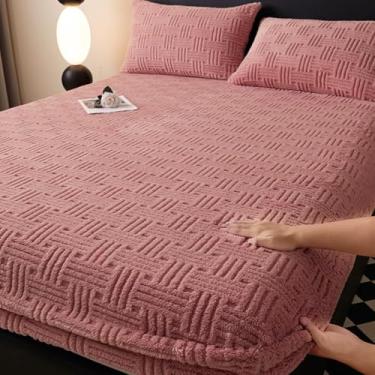 Imagem de Capa protetora de colchão de veludo macio engrossado com bolso profundo de 30,5 cm à prova de poeira, lençol de elástico respirável antiderrapante para solteiro/casal/queen/king size rosa |||200 x 220