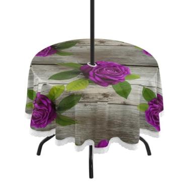 Imagem de Qilmy Toalha de mesa redonda impermeável com estampa de flor roxa de 152 cm com orifício para guarda-chuva e zíper – uso externo / interno resistente para pátio, churrascos, piqueniques, festas (serve