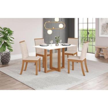 Imagem de Conjunto Mesa De Cozinha Natalí Com Tampo Madeirado 120x80cm E 4 Cadeiras Isa Nature Off White Linho Bege Henn