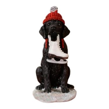 Imagem de Wswqop Estatueta de cachorro natalino em resina, pequena, pintada, para coleção, decoração de vila natalina, miniatura de Natal, Marrom
