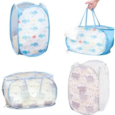 Imagem de Qtopun Pacote com 4 cestos de roupa suja de malha, 2 cestos dobráveis portáteis para roupas sujas, 2 organizadores horizontais de armazenamento para quarto, quarto de crianças, dormitório