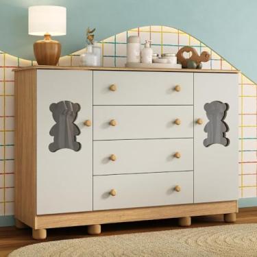 Imagem de Cômoda Infantil 125cm 2 Portas com Vidro e 4 Gavetas Fofura Multimóveis Mp4485 Madeirado/off White