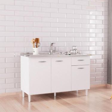 Imagem de Balcão Para Pia A435 120cm Com 3 Portas 1 Gaveta Poquema Branco