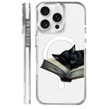 Imagem de MQJCYB Capa magnética para iPhone 16 Pro com design em base transparente, compatível com MagSafe, capa protetora fina de TPU macio para celular feminina e meninas - preto gato livro amante estrelas