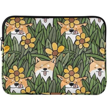Imagem de Capa protetora fofa para laptop com desenho animado Shiba Inu com estampa floral para notebook universal 13 e 14 polegadas