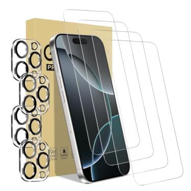 Imagem de Pacote com 4 protetores de tela para iPhone 16 Pro com 4 protetores de lente de câmera, película de vidro temperado de dureza 9H transparente HD de 6,3 polegadas, resistente a arranhões, fácil