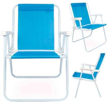 Imagem de Cadeira de Praia Alta Dobrável de Alumínio - Resistente com Apoio de Braço e Tecido Durável, Portátil para Camping, Varanda e Lazer ao Ar Livre (AZUL CLARO)