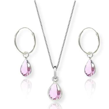 Imagem de Conj Colar E Brinco Argola Pingente Gota Zirconia Prata 60cm - Lojas L