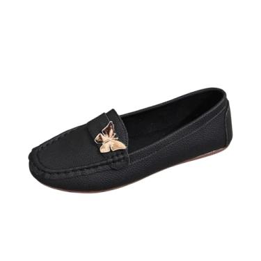 Imagem de Sapato feminino casual versátil bico redondo salto baixo confortável com enfeites plus size primavera verão moderno mocassins de sola macia PU, Preto, 36