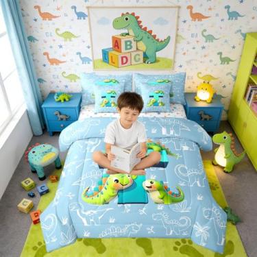 Imagem de Erosebridal Jogo de cama solteiro de animais da selva em uma bolsa, 7 peças, conjunto de edredom de dinossauro fofo com lençol com letra inicial T, para crianças e adultos, conjunto de cama de