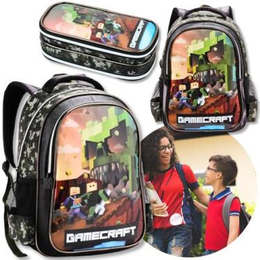 Imagem de Mochila Infantil Juvenil Escolar Menino Estojo Gamecraft Kit Lançament