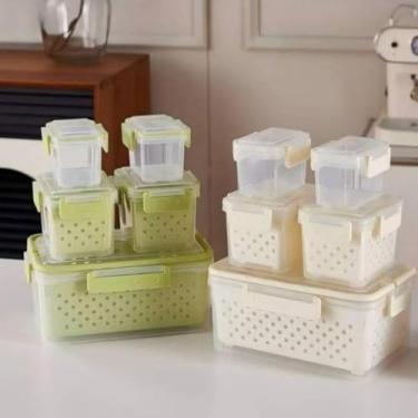 Imagem de Conjunto 5 Potes Herméticos com Tampa e Cesto, Plástico, Transparente com Bege e Verde, Empilháveis, para Organização de Cozinha