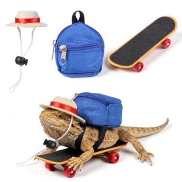 Imagem de Josojoou Conjunto de 3 peças de fantasia de dragão barbudo: chapéu ajustável, mini skate e mochila para animais de estimação para lagartos, suprimentos de aventura divertida para répteis, hamsters