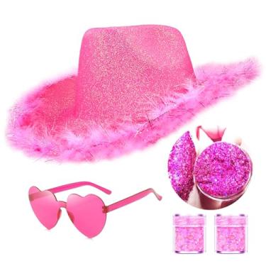 Imagem de SHENYI Chapéu de vaqueira com glitter com coração, óculos de sol, corpo com glitter, chapéu de cowboy para mulheres, homens, festivais de música, despedida de solteiro, Rosa choque, Tamanho Único