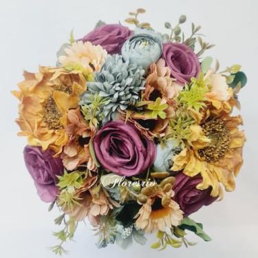 Imagem de Buquê de Noiva Artificial com Flores Coloridas para Casamento Civil ou Religioso(Roxo/Azul/Girassol)