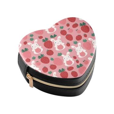 Imagem de Burbuja Caixa de joias de coelho em forma de coração de morango mini estojo de joias de viagem para mulheres e meninas, estojo portátil organizador de armazenamento para brincos, anéis, colares e