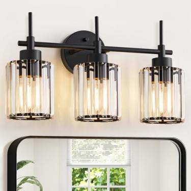 Imagem de EJIAXIN 3 luminárias de cristal, luminárias de banheiro sobre espelho luz de parede de cristal preto iluminação de parede de banho moderna iluminação de arandela para quarto sala de estar