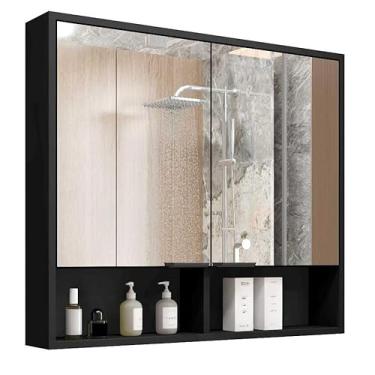 Imagem de Armário de banheiro com duas portas, com espelho e ranhuras(PRETO/PRETO)