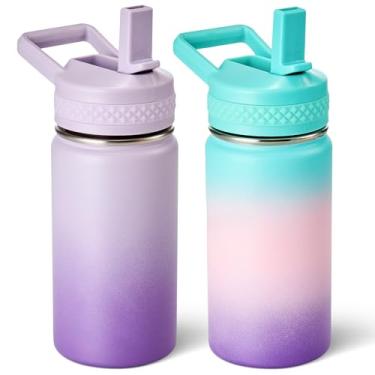 Imagem de Fijinhom Garrafa infantil de 340 g, garrafa de água infantil para meninos e meninas com tampas de canudos, garrafa térmica isolada a vácuo de aço inoxidável 304, sem BPA, Aurora + roxo gradiente