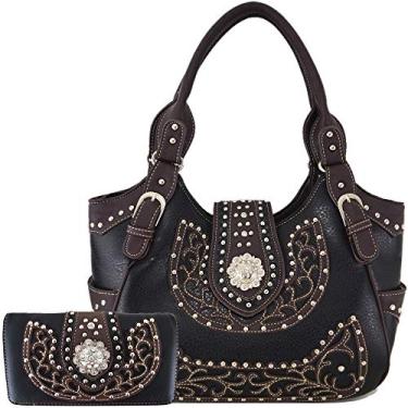 Imagem de Bolsa feminina estilo ocidental com strass, cravejada, oculta, bolsa de ombro, bolsa de ombro, conjunto de carteira combinando, Conjunto preto nº 2, Large