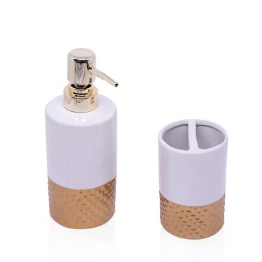 Imagem de Kit Banheiro 01 Porta Sabonete Liquido e 01 Porta Escova Em Cerâmica Branco e Dourado - D'Rossi