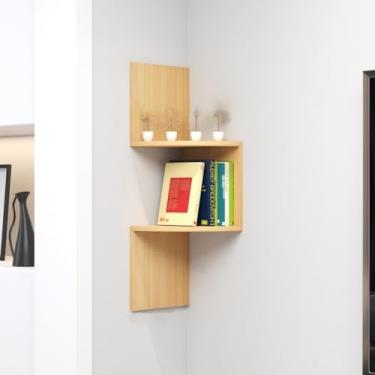 Imagem de Estante de canto de madeira montada na parede - Rack de armazenamento multicamadas para quarto, sala de estar, estudo, biblioteca - Prateleira de canto versátil para organização que economiza espaço