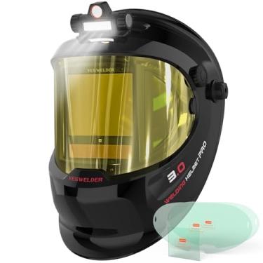 Imagem de YESWELDER Capacete de soldagem com escurecimento automático com vista lateral e LED, visão grande de 180°, filtro digital, bloqueio de luz azul, 1/1/1/1 energia solar de cor verdadeira, máscara de