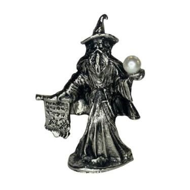 Imagem de Estátua Mago Merlin com Bola de Cristal e Pergaminho em Estanho - 7cm 