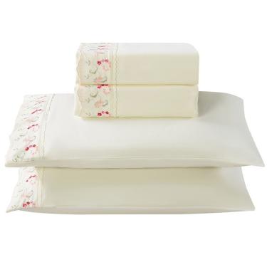 Imagem de Jogo De Cama Lençol Queen Bordado Acalanto 4 Peças - Palha B - 100% Poliéster