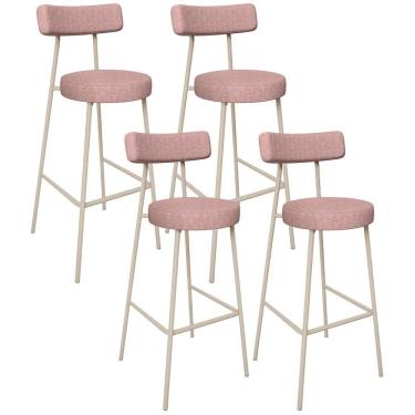 Imagem de Kit 04 Banquetas Alta Bar Cozinha Sala De Jantar Aço Milão Arena L02 Linho Rosa - Lyam Decor