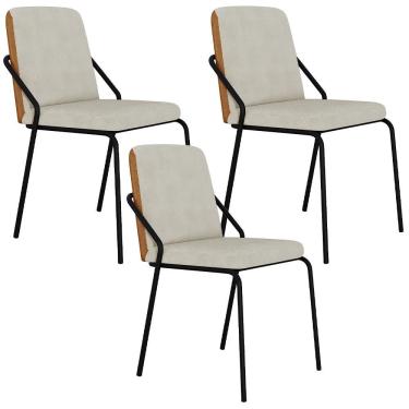 Imagem de Kit 03 Cadeiras Estofada Para Sala De Jantar Loft Preto C01 Bouclê Vanilla Courino Caramelo - Lyam Decor