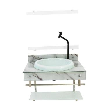 Imagem de Gabinete De Vidro 60Cm Inox Com Cuba Chapeu - Mármore Branco