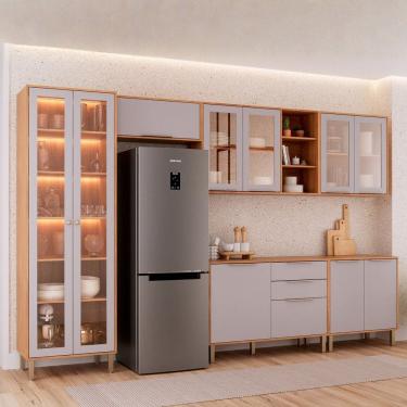 Imagem de Cozinha Modulada 6 Peças Brilhante com 1 Cristaleira 2 Balcões 3 Armários Aéreo Cinamomo/Platina