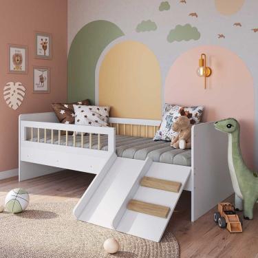 Imagem de Cama Montessoriana de Solteiro com Escada e Escorregador 1,93 M para Quarto Infantil Branco