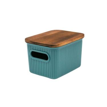 Imagem de caixa organizadora 1,5L de plástico com tampa de madeira acácia - Oiko