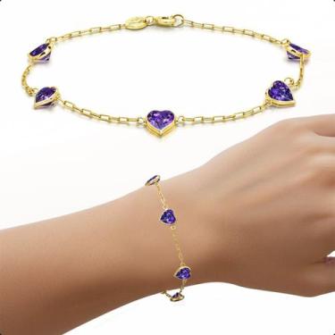 Imagem de Pulseira Feminina Em Ouro 18k Pedras Coração De Zircônia 5mm - Sofistg