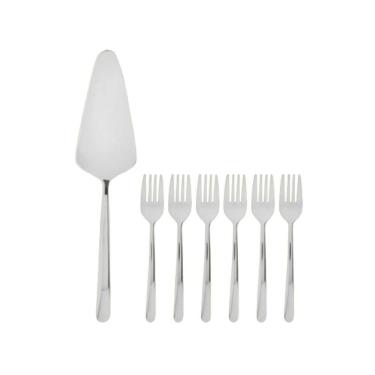 Imagem de Cj 1 Espátula P/Cortar Bolo 24,5cm C/6 Garfos P/Sobremesa 14,5cm em Aço Inox Viena Prat...
