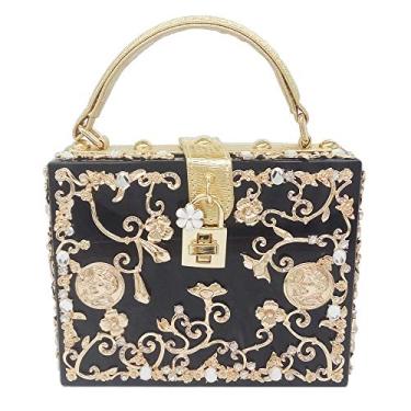 Imagem de Boutique De FGG Bolsas de ombro femininas com design de acrílico e flor, bolsa tiracolo com strass, bolsa para noite, pequena, Preto, Medium