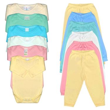 Imagem de Kit Roupa de Bebê 12 Peças - Body Manga Longa e Mijão Sem Pé - 100% Algodão