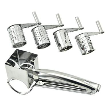 Imagem de 1 ralador com 4 diferentes tambores de aço inoxidável ralador rotativo manual, fácil de usar moedor ou fatiador rotativo de manivela para ralar queijo duro, chocolate, parmesão e mais