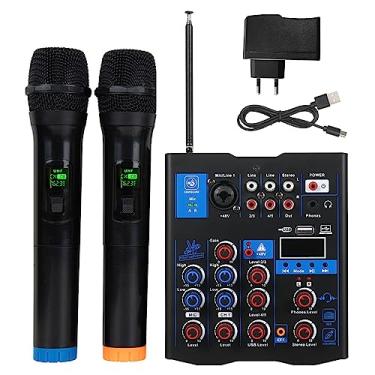 Imagem de CIADAZ Mixer de áudio profissional com microfone sem fio duplo, interface de sistema de console de placa de som 4 canais DJ Mixer, adequado para DJ Karaokê PC Guitar Speaker