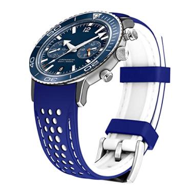 Imagem de Kai Tian Pulseira de relógio de borracha esportiva de corrida de 20 mm com extremidades curvas de silicone durável em dois tons azul (costura branca) para homens e mulheres