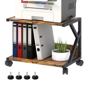 Imagem de aboxoo Suporte para impressora de mesa com prateleiras de armazenamento de madeira de 2 níveis, mesa de impressora sob a mesa, organizador de mesa de escritório doméstico multiuso para máquina de fax, scanner (marrom rústico)
