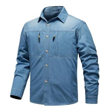 Imagem de Camisa jeans masculina, manga comprida, cor sólida, botões frontais, gola aberta, caimento solto, Azul claro, XG