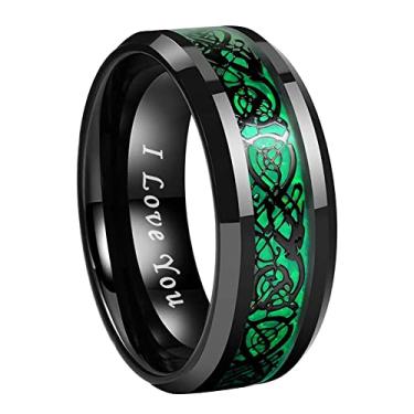 Imagem de TUTISS Anéis de tungstênio preto incrustado dragão celta vermelho verde roxo de fibra de carbono 8 mm para homens e mulheres alianças de casamento I Love You Gravado Ajuste confortável, Metal não