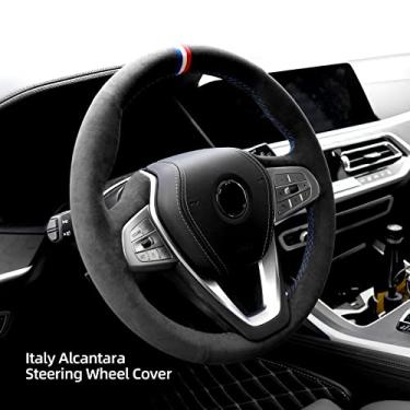 Imagem de Alfanxi Costura à mão Italy Alcantara Capa para volante de carro para BMW 2 3 4 5 6 7 8 séries, ALPINA B7 XB7 acabamentos, X3 X4 X5 X6 X7 Z4 acabamentos (alcantara preta + listras de 3 cores)