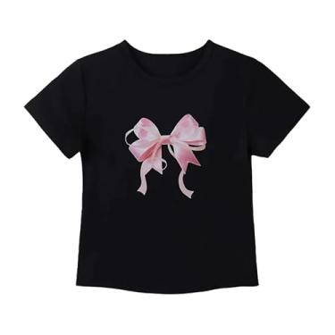 Imagem de Giltpeak Camiseta feminina com estampa de laço Y2K gola redonda linda estampa de bebê camisetas curtas manga curta roupas estéticas, Modelo padrão - preto - rosa floral, One Size Short