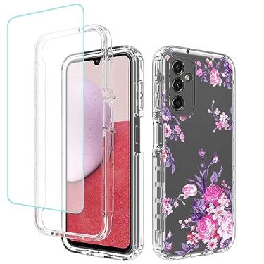 Imagem de Sidande Capa para Galaxy A14 5G, Samsung A14 5G SM-A146B com protetor de tela de vidro temperado, capa protetora fina de TPU floral transparente para celular para Samsung Galaxy A14 5G (flor rosa)